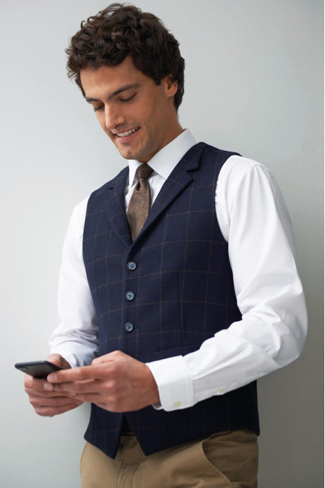 Men's navy blue check hotel waistcoat - Memphis waistcoat