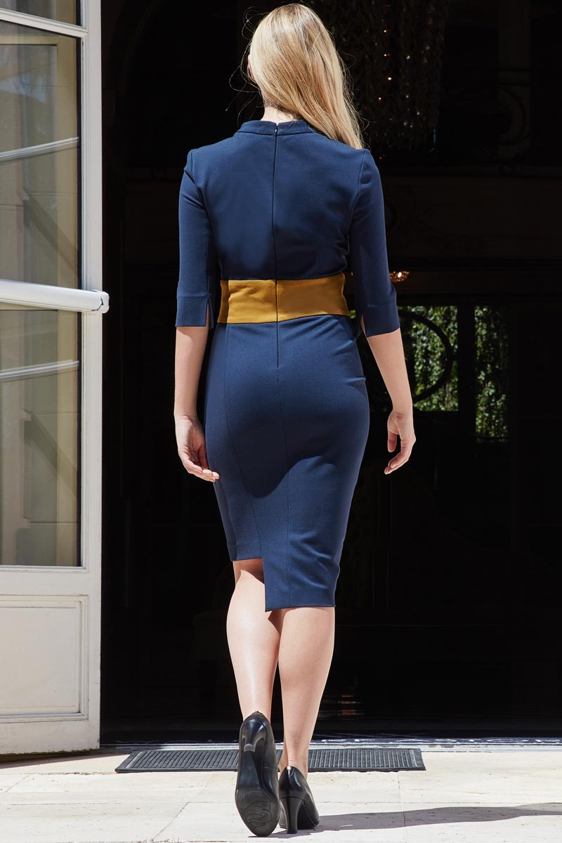 Professional dress checks navy blue- ochre - Angelina Dress