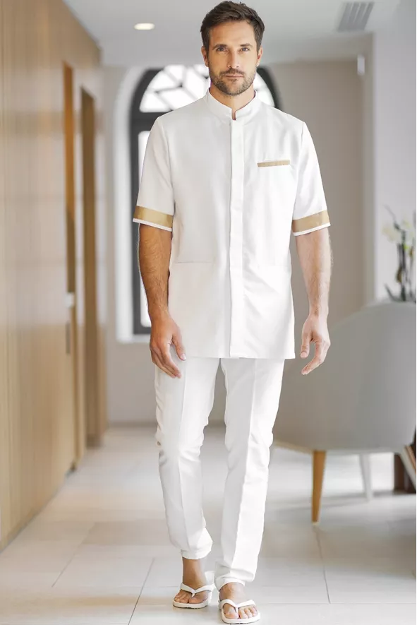 Blouse homme blanc/or professionnelle esthétique - Blouse Savane