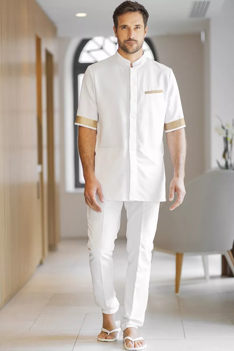 Blouse homme blanc/or professionnelle esthétique - Blouse Savane